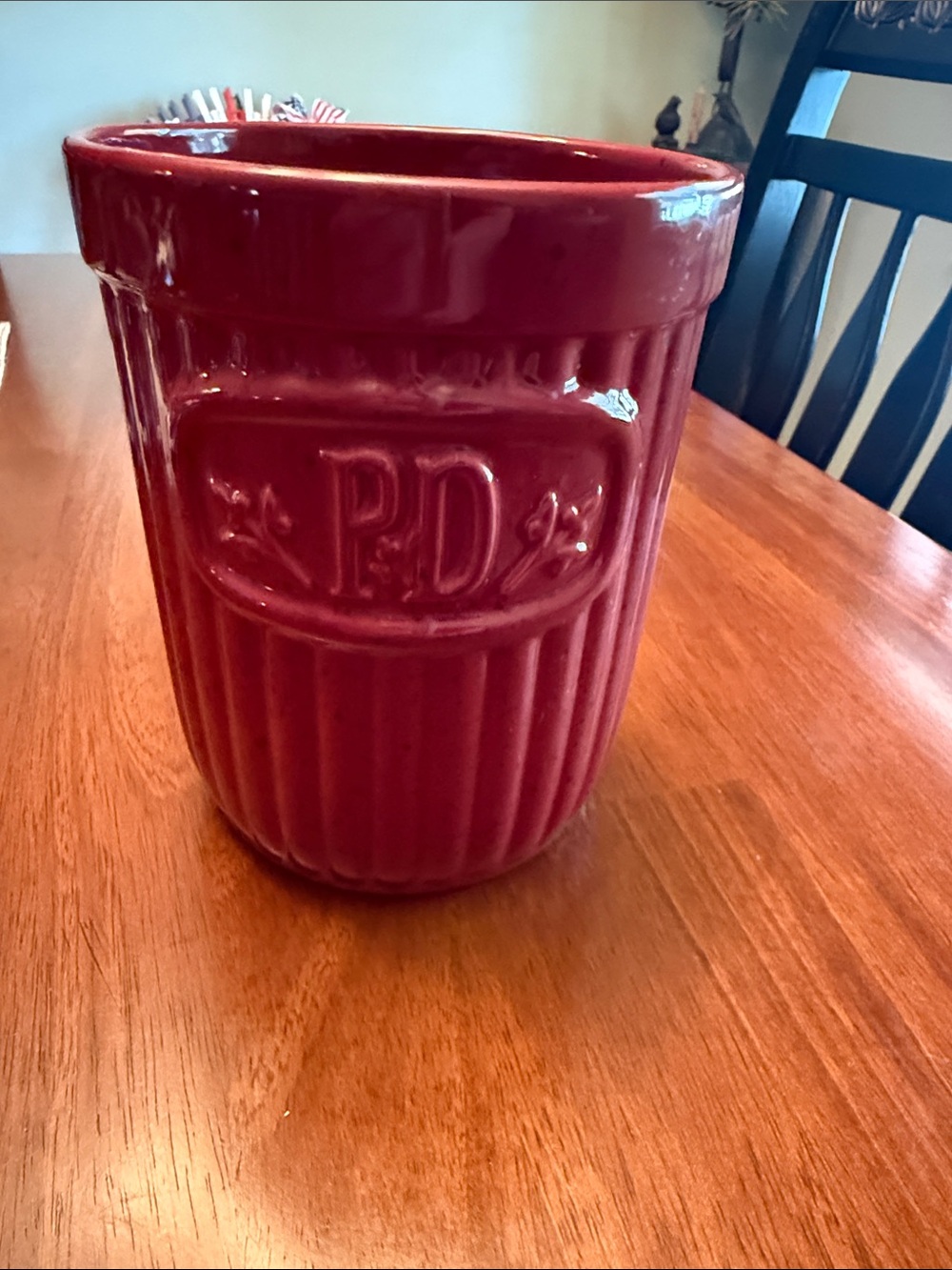 Paula Deen Glossy Burgundy Ceramic Utensil Holder with Embossed PD Detail